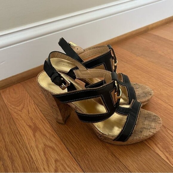 Tommy Hilfiger Edessa Platform Black Leather Pump Sandal Heels Women’s Size 7.5 - Picture 3 of 7